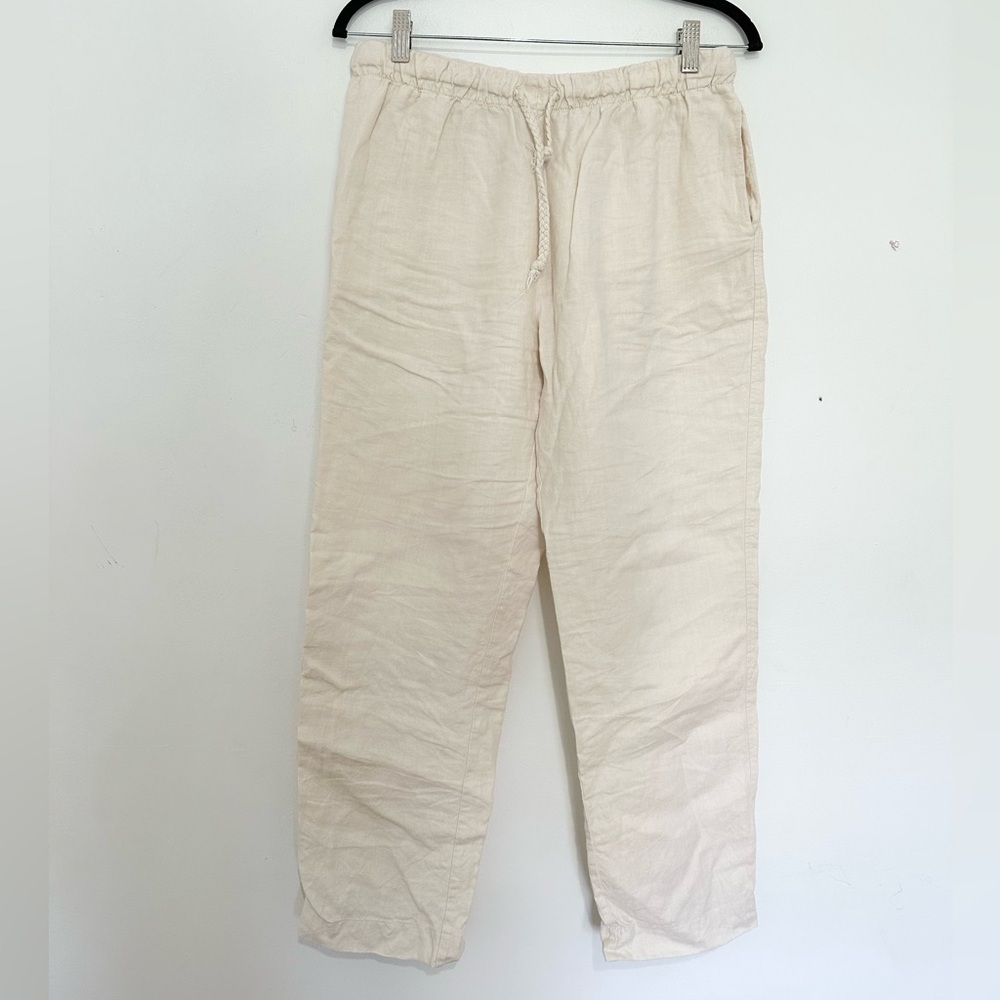 Zara Ivory Elastic Band Tie High Waisted Pants Size M boho Lagenlook linen blend